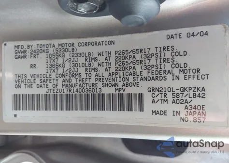 2004 Toyota 4Runner Limited V6 from USA, damaged, VIN JTEZU17R140036013